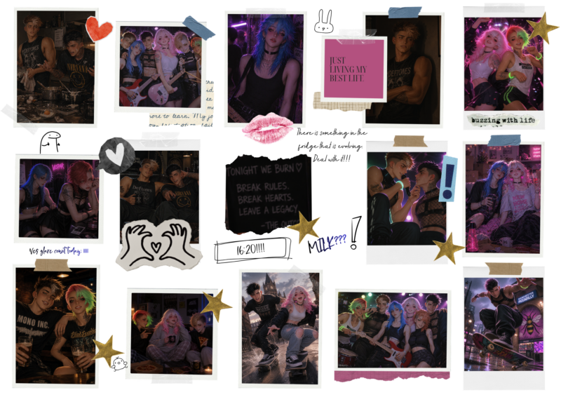 The whiteboard from Neon & Lux: Pictures of the bandmember, notes and doodles