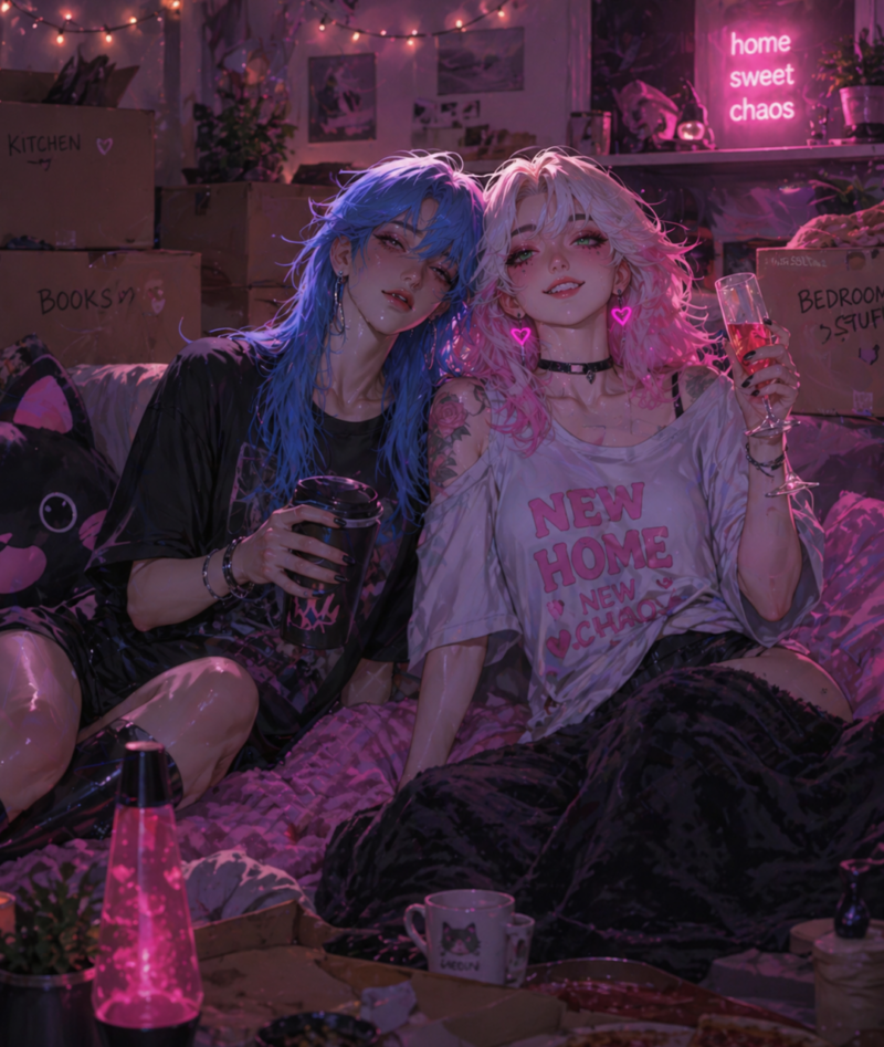 Lux & Neon on the couch after moving into their shared flat, boxes, fairy lights, pink neon lava lamp, cosy atmosphere