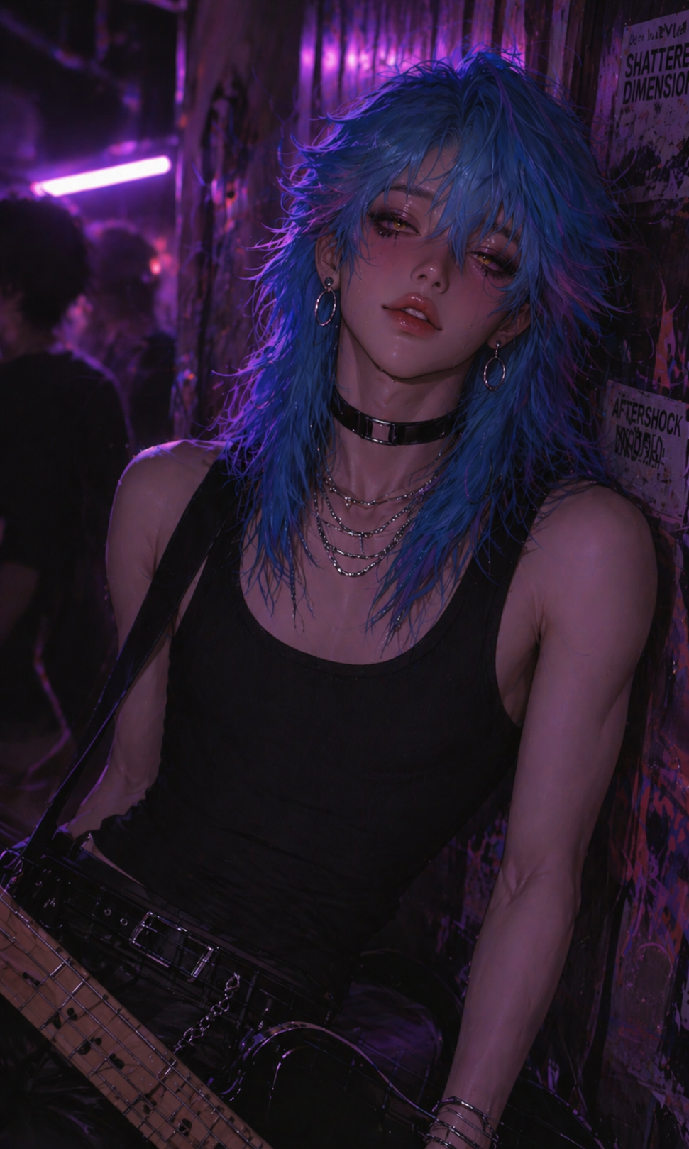 Lux after party Lux wears a black tanktop, has his bass slung over his shoulder and leans against a wall at a after party.