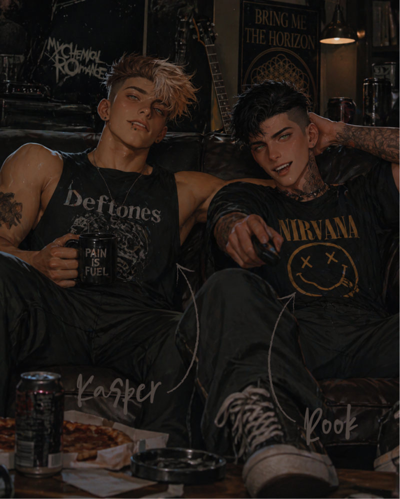 Kas & Rook on the couch, lazy with coffee and pizza