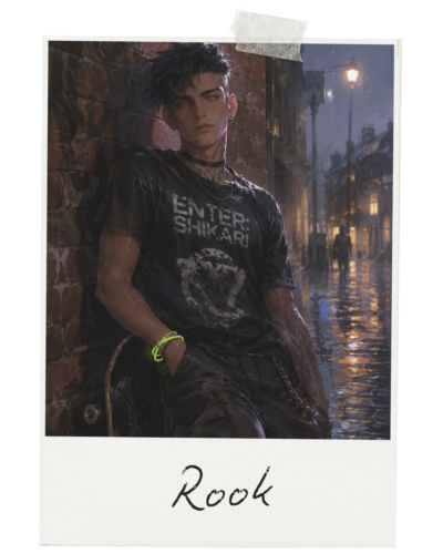 Polaroid: Rook, a dark haired man with an undercut, leans against a brick wall with his skateboard in a rainy night.