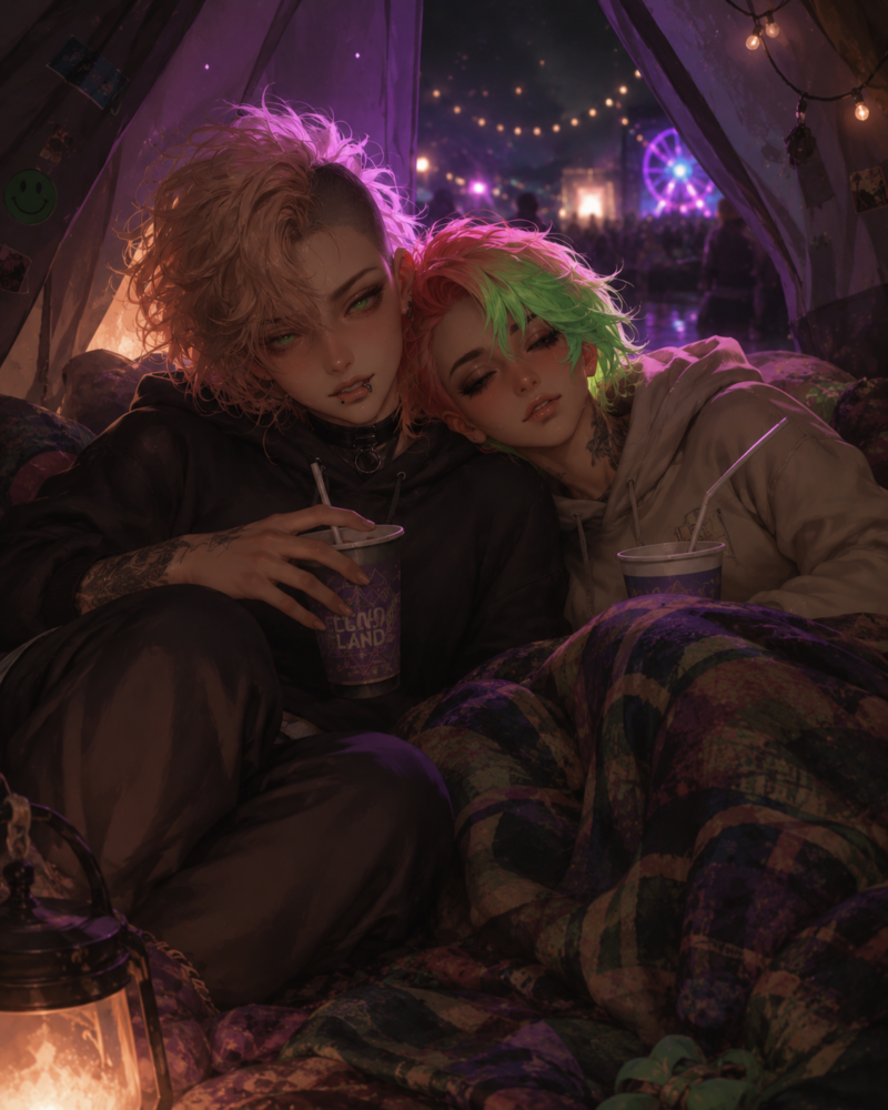 Ves & Mara in a tent at a festival at night.