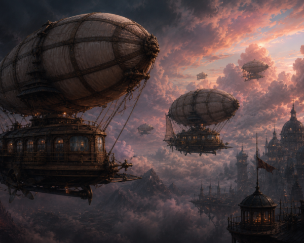 A cloudy sky with airships and the outlines of cities in the sky