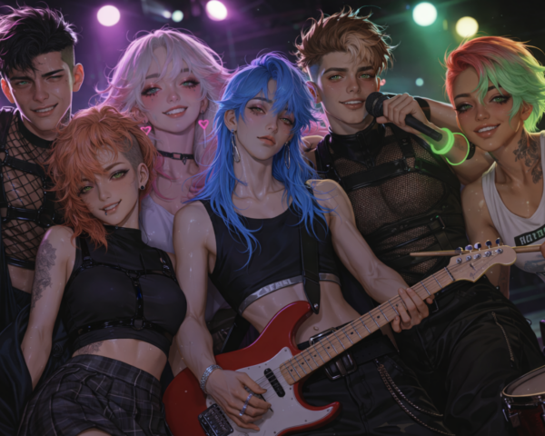 Dodgy Hearts group picture: Rook, Vespar, Neon, Lux, Kasper, Mara
