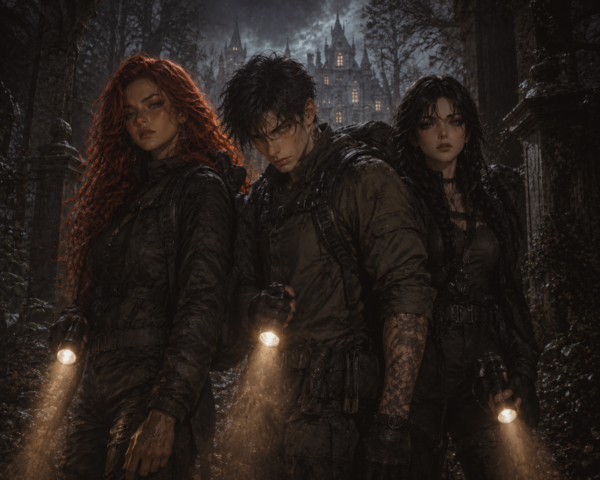 European Castle in a forest, a man and two women are looking into the darkness with their flashlights