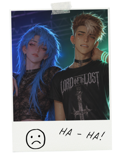 Lux, blue haired femboy in a lace shirt, with Kasper, tall, muscular man with short hair (faded red with silver) on a polaroid picture. Lux looks smug, Kasper rather flustered. There's a sad smiley face doodle and a scribbled 'HA HA' on the white piece of the polaroid.
