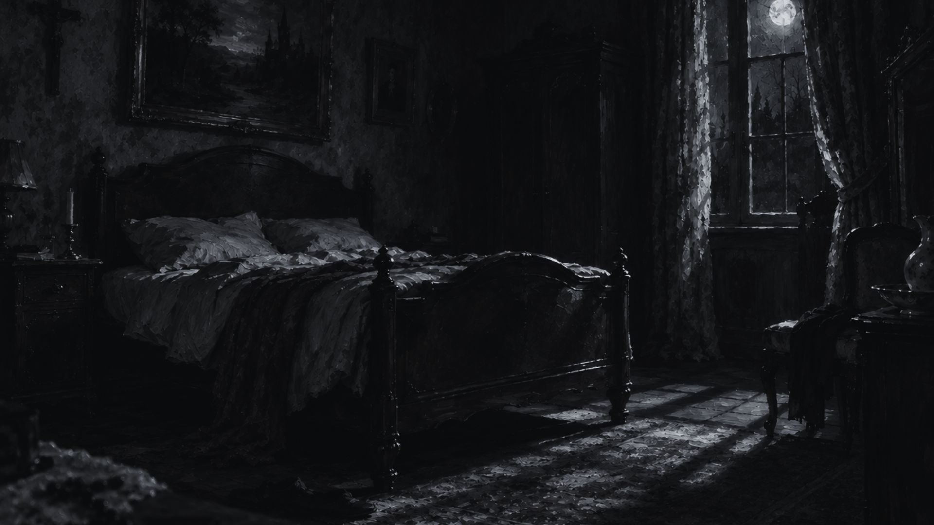 A b/w image of an eerie bedroom for the monster under your bed bot.