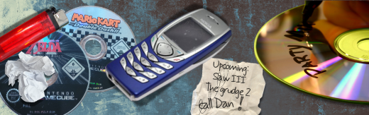 Mixed stuff from 2006: lighter, Nintendo GameCube's The Legend of Zelda Collectors Edition & Mario Kart Double Dash!!, a blue Nokia 6100, scribbled note to call Dan and a burned CD-R.