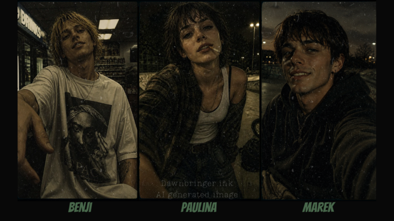 Paddy's skater friends: Benji, Paulina and Marek at the local skate park